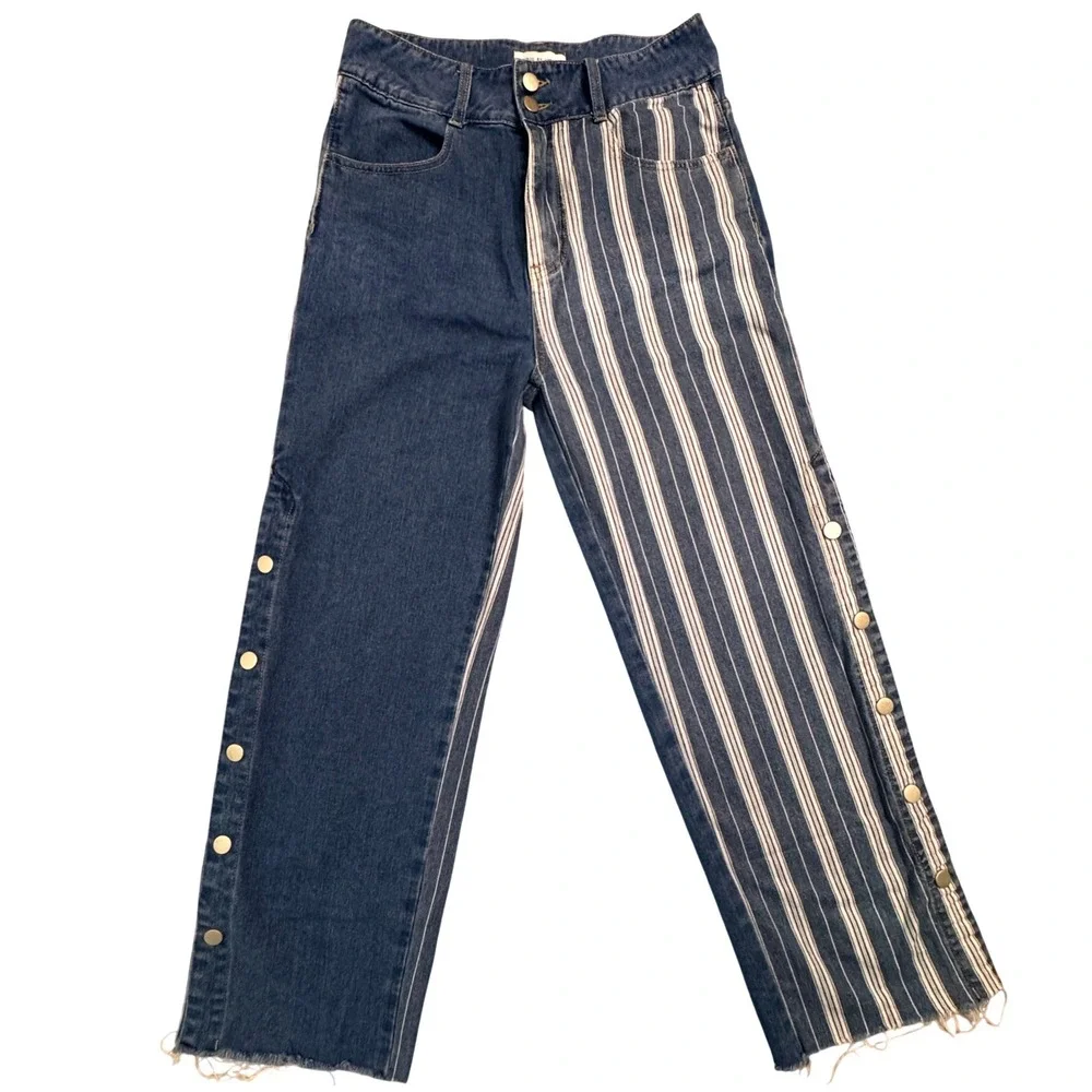 UNIQ BY LITZ Womens Size Medium Patchwork Denim Striped Button Side Jeans - Picture 1 of 9